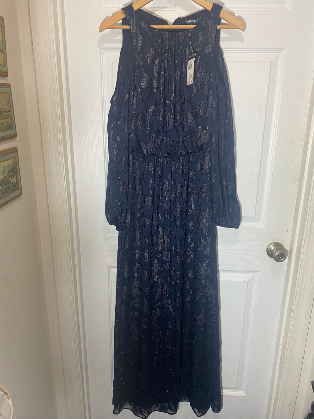 Ralph Lauren NWT 6 Navy Metallic Paisley Cold-Shoulder Maxi